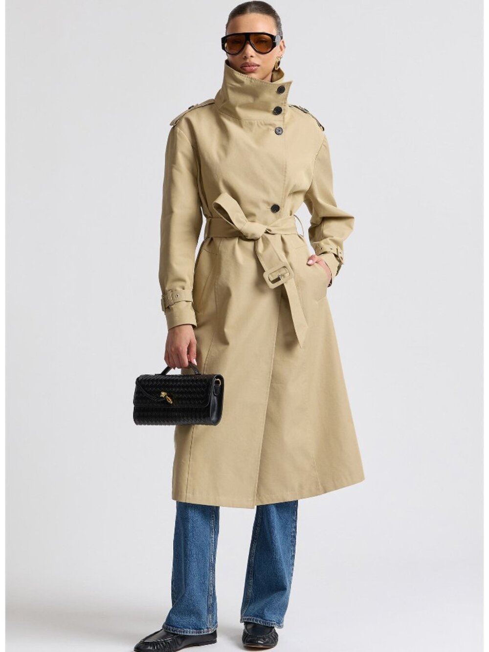 Avec Les Filles Belted Funneled Cotton Blend Trench Coat